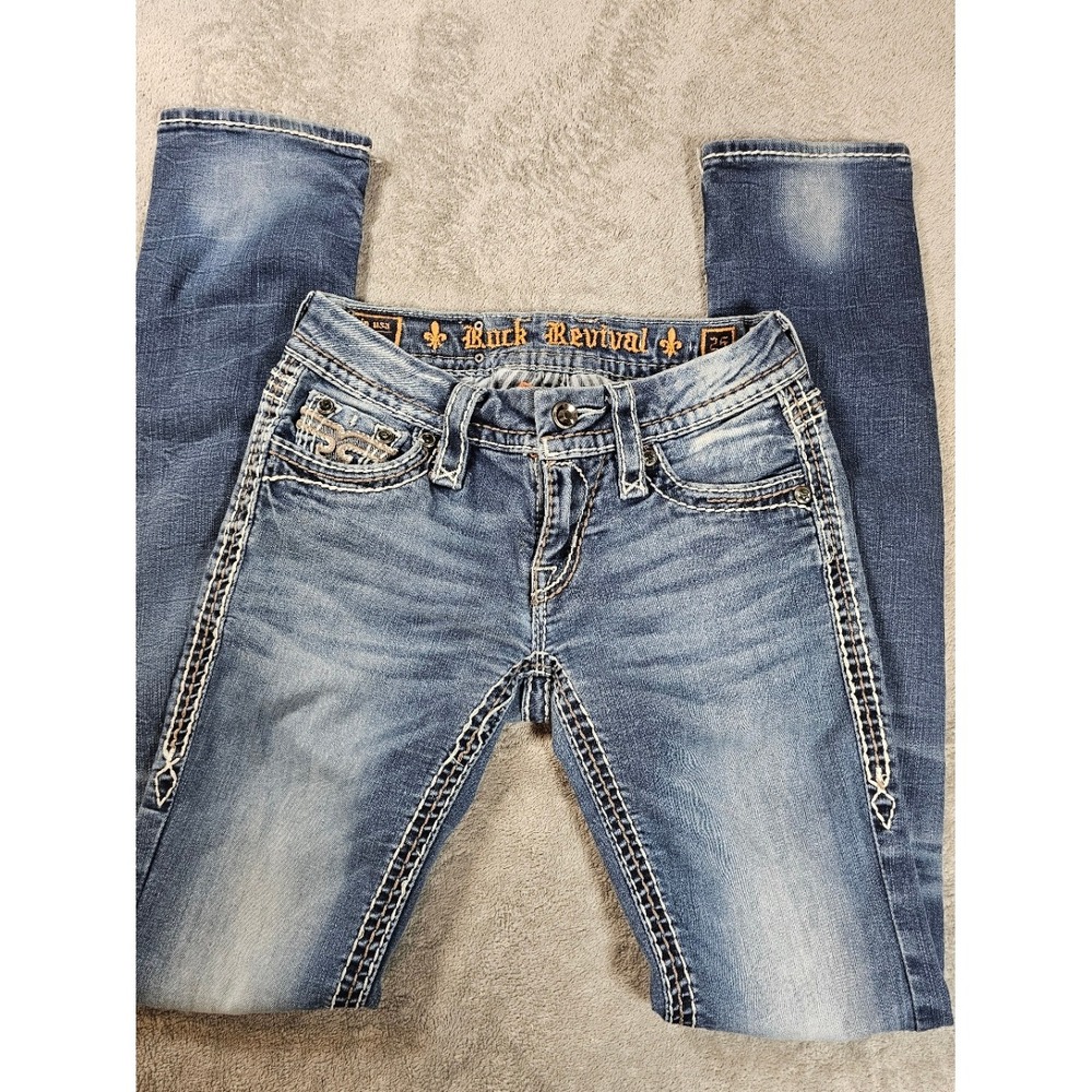 Rock Revival Avery Straight Jeans 25 Medium Wash Embellished Flap Pocket y2k